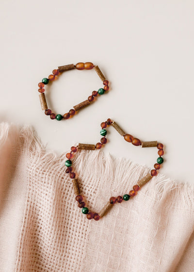 Hazelwood Raw Cognac Baltic Amber & Malachite Bracelet/Anklet
