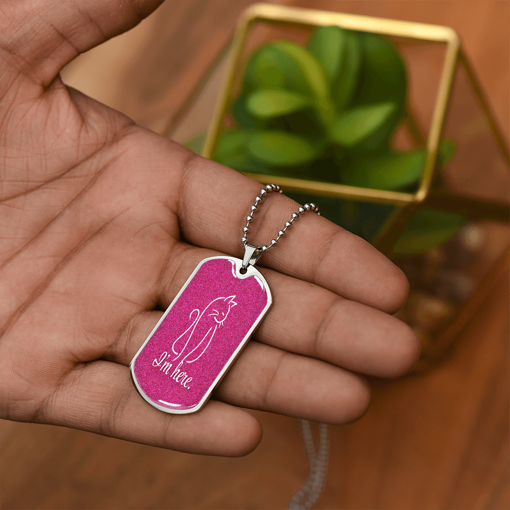 Collar de etiqueta para perro con arte lineal de gato 'Estoy Aquí' - Acabado en plata o dorado