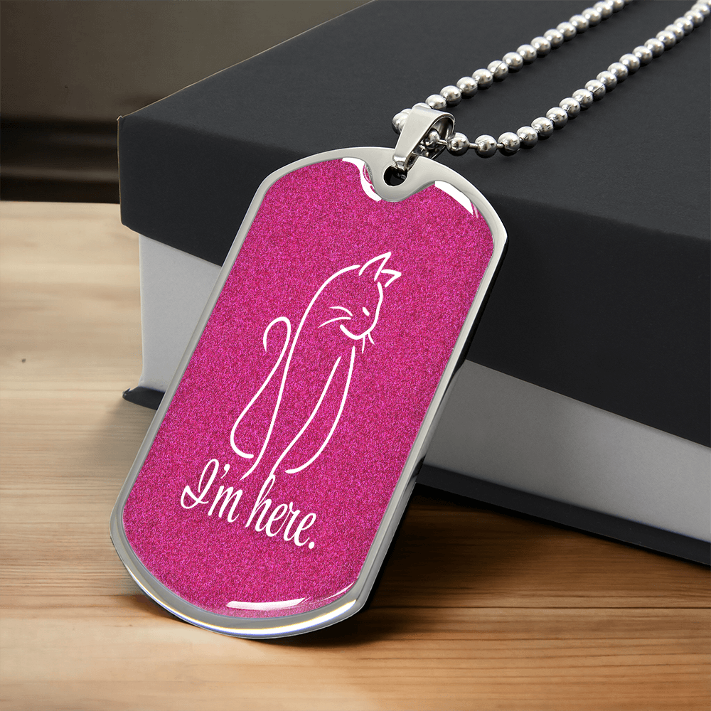 Collar de etiqueta para perro con arte lineal de gato 'Estoy Aquí' - Acabado en plata o dorado