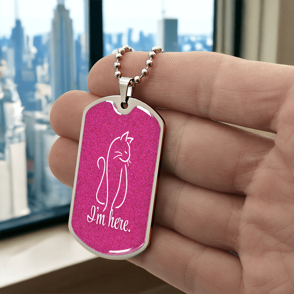 Collar de etiqueta para perro con arte lineal de gato 'Estoy Aquí' - Acabado en plata o dorado