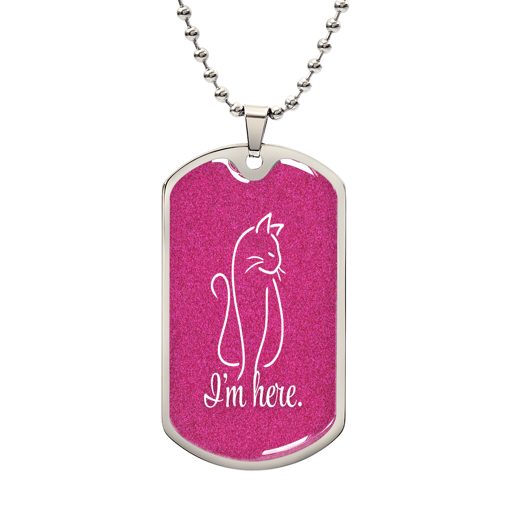 Collar de etiqueta para perro con arte lineal de gato 'Estoy Aquí' - Acabado en plata o dorado