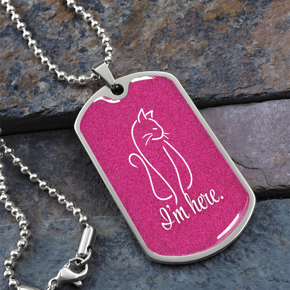 Collar de etiqueta para perro con arte lineal de gato 'Estoy Aquí' - Acabado en plata o dorado