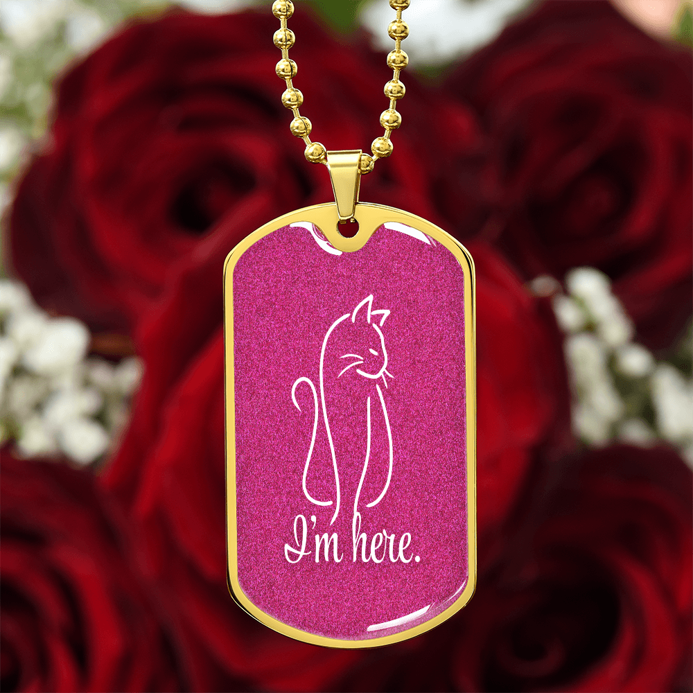 Collar de etiqueta para perro con arte lineal de gato 'Estoy Aquí' - Acabado en plata o dorado