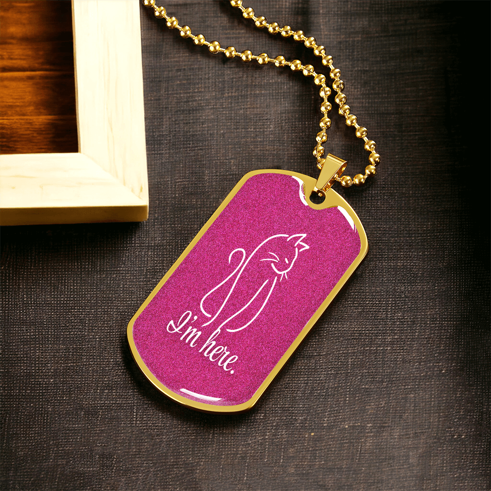 Collar de etiqueta para perro con arte lineal de gato 'Estoy Aquí' - Acabado en plata o dorado