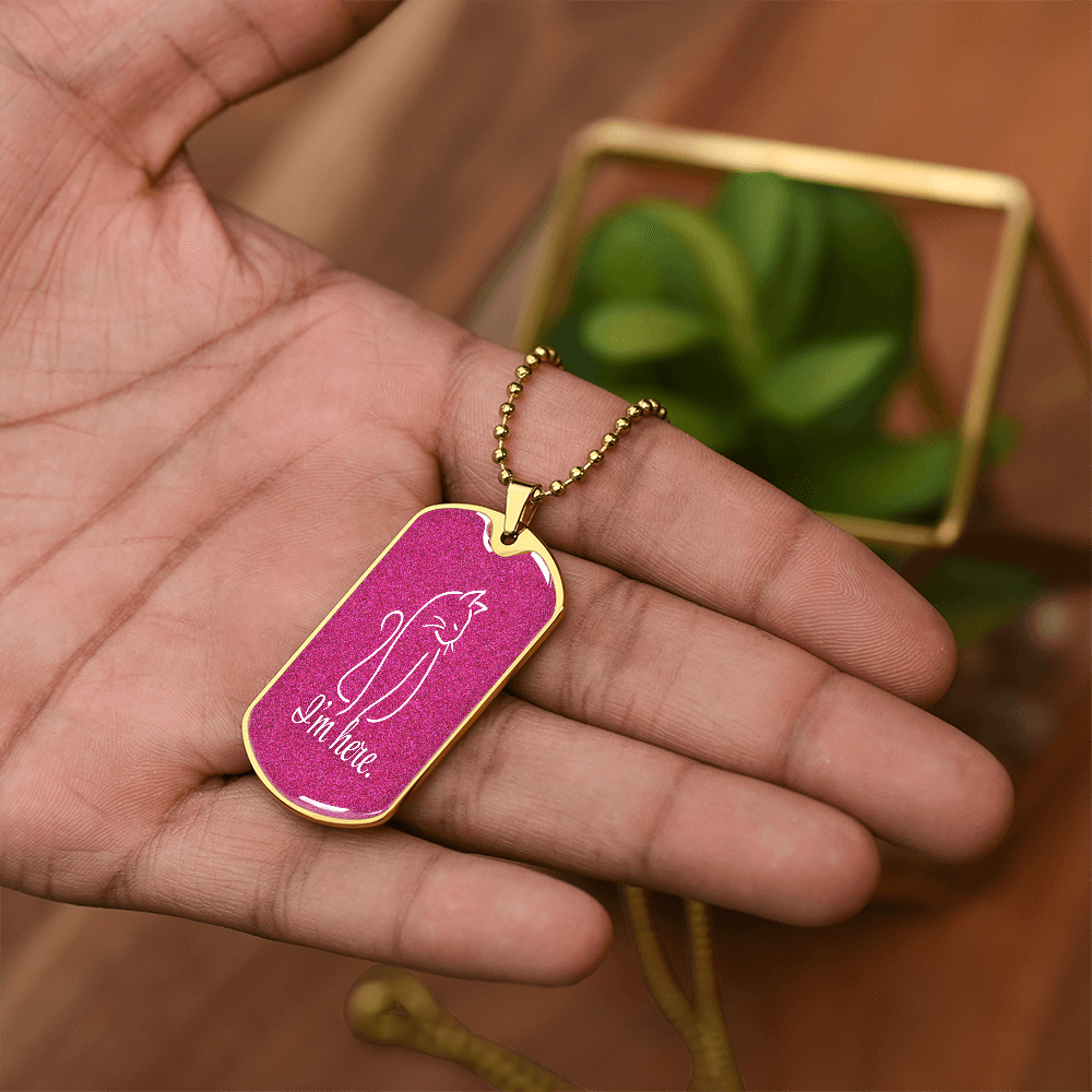 Collar de etiqueta para perro con arte lineal de gato 'Estoy Aquí' - Acabado en plata o dorado