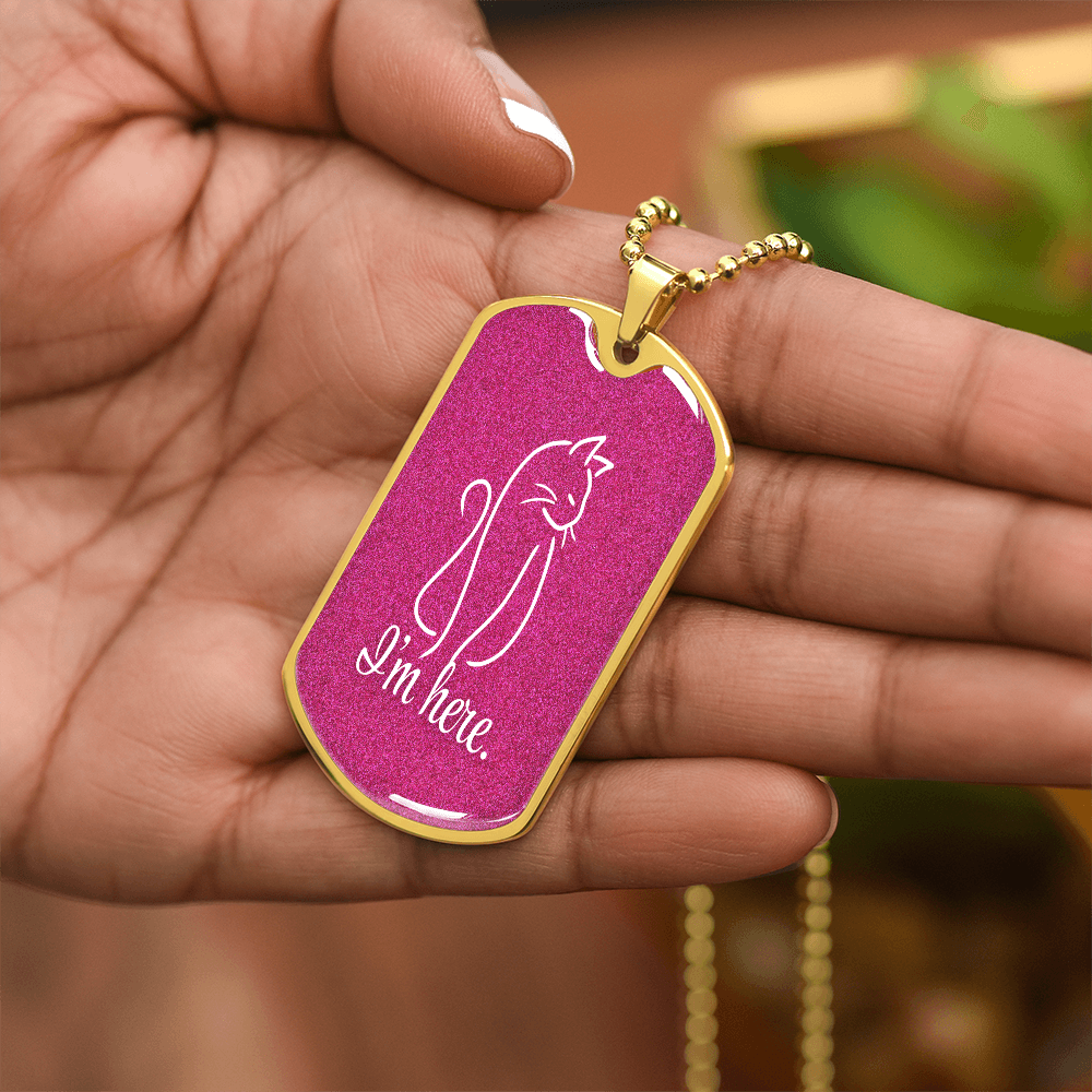 Collar de etiqueta para perro con arte lineal de gato 'Estoy Aquí' - Acabado en plata o dorado