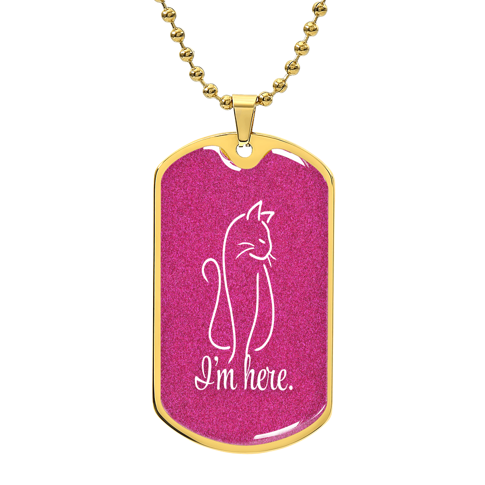 Collar de etiqueta para perro con arte lineal de gato 'Estoy Aquí' - Acabado en plata o dorado