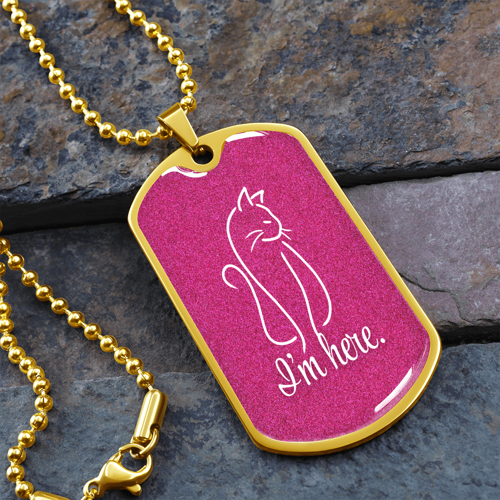 Collar de etiqueta para perro con arte lineal de gato 'Estoy Aquí' - Acabado en plata o dorado
