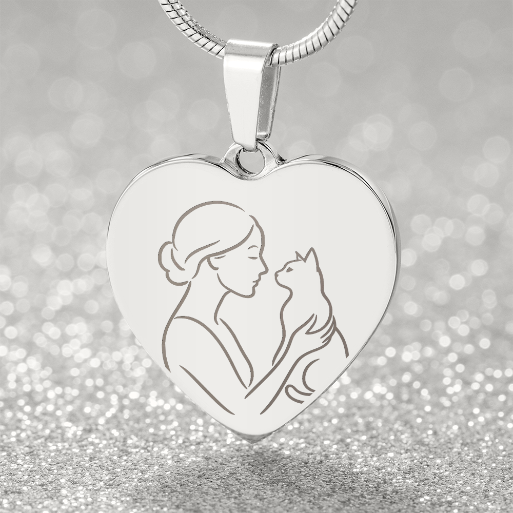 Collier en cœur de Cat Lady – Pendentif en ligne gravé