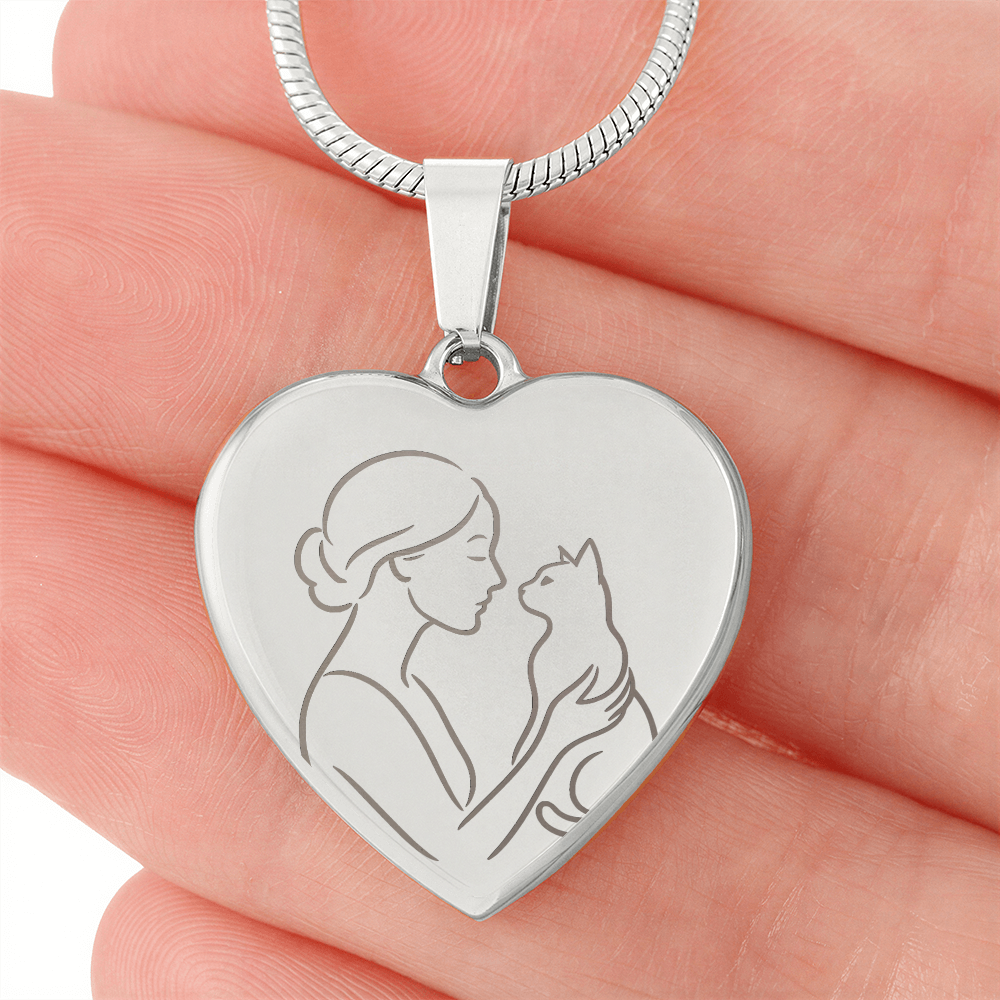 Collier en cœur de Cat Lady – Pendentif en ligne gravé