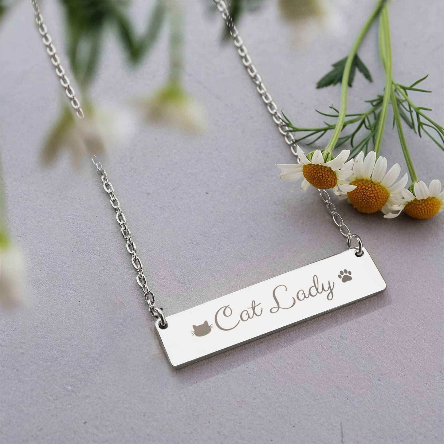 Personalized Cat Lady Horizontal Bar Necklace