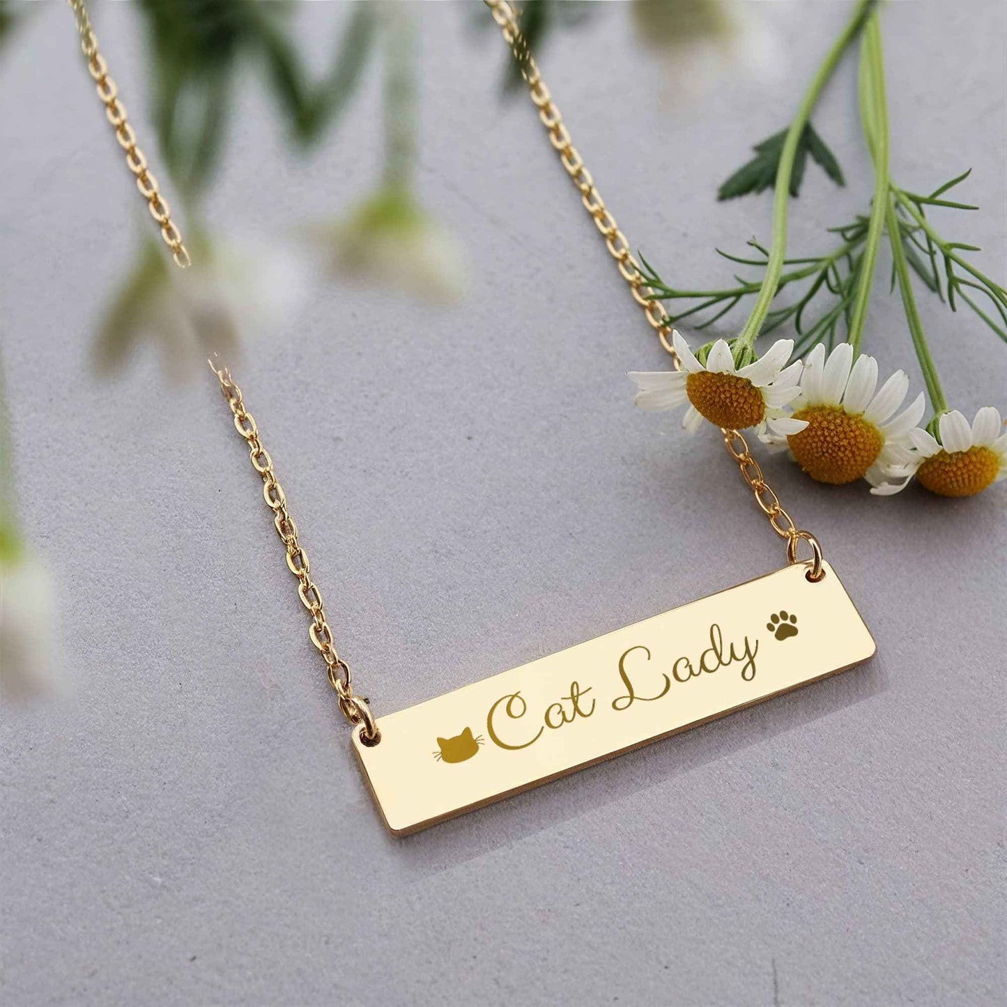 Personalized Cat Lady Horizontal Bar Necklace