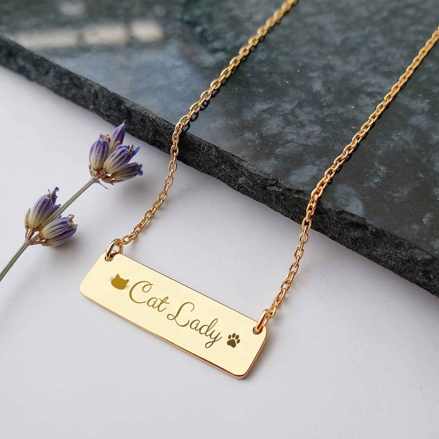 Personalized Cat Lady Horizontal Bar Necklace