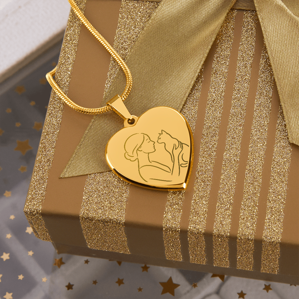 Collier en cœur de Cat Lady – Pendentif en ligne gravé