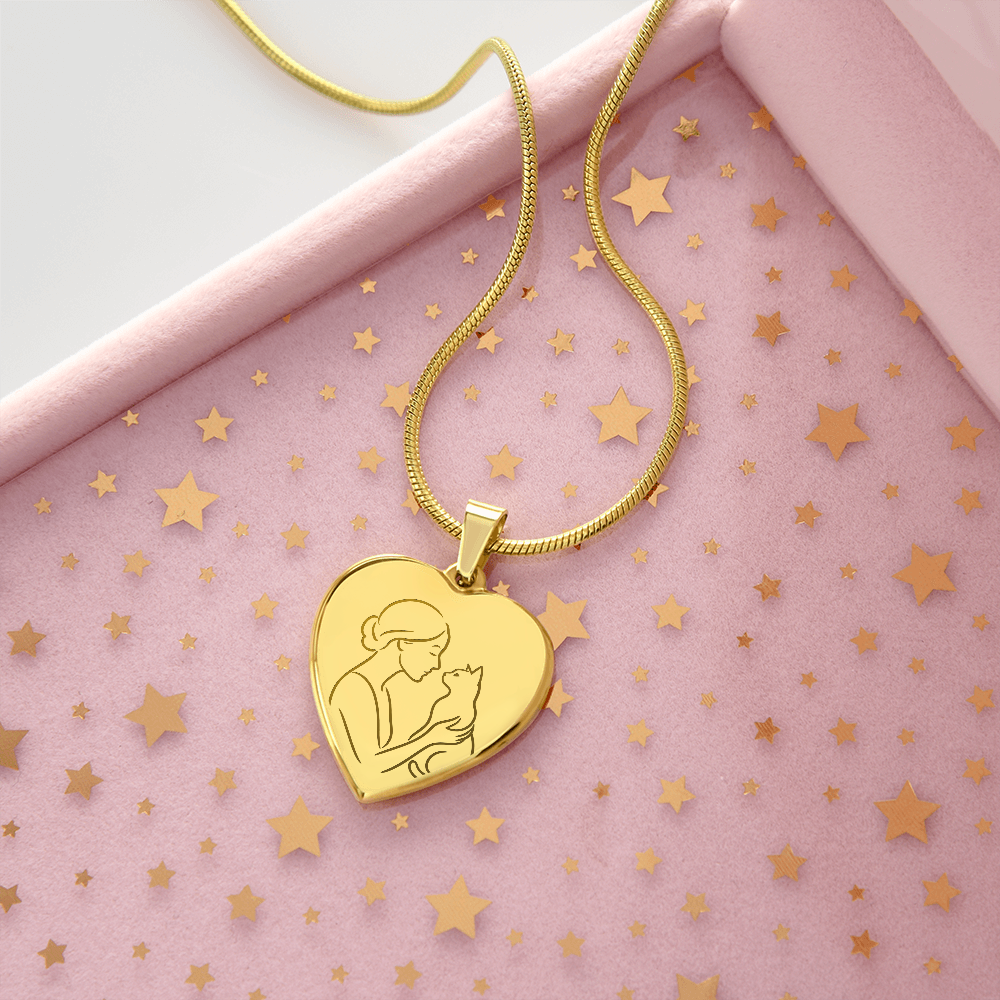 Collier en cœur de Cat Lady – Pendentif en ligne gravé
