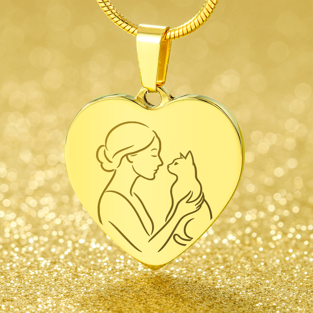 Collier en cœur de Cat Lady – Pendentif en ligne gravé