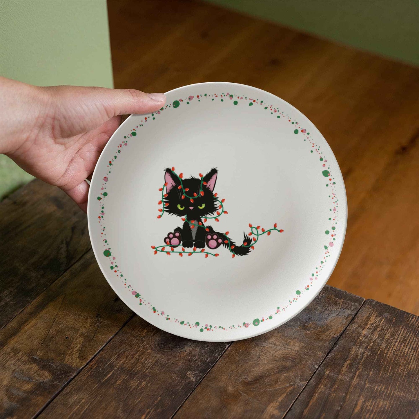 Christmas Cat Tangled in Lights Plate – 10" Holiday Dinnerware