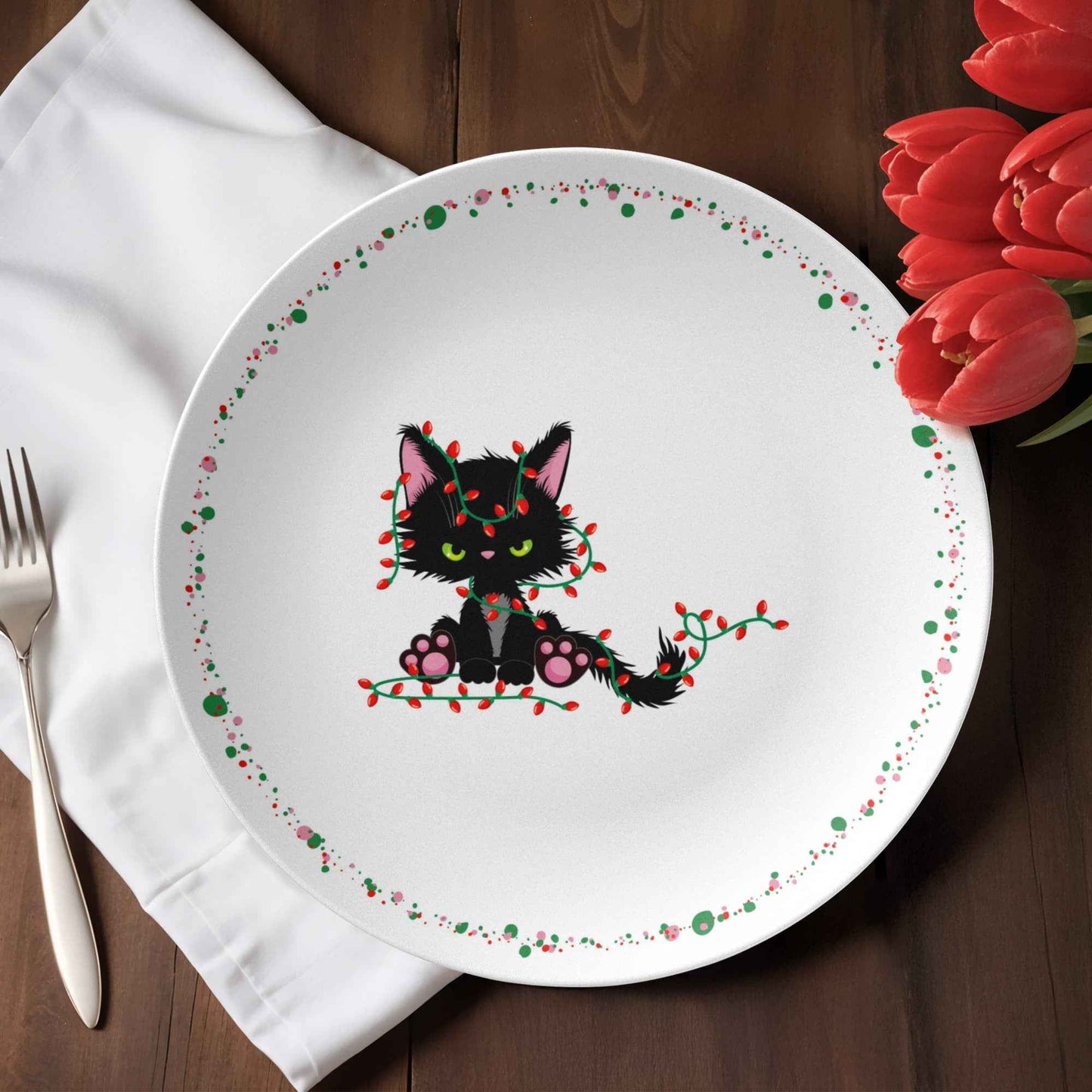 Christmas Cat Tangled in Lights Plate – 10" Holiday Dinnerware