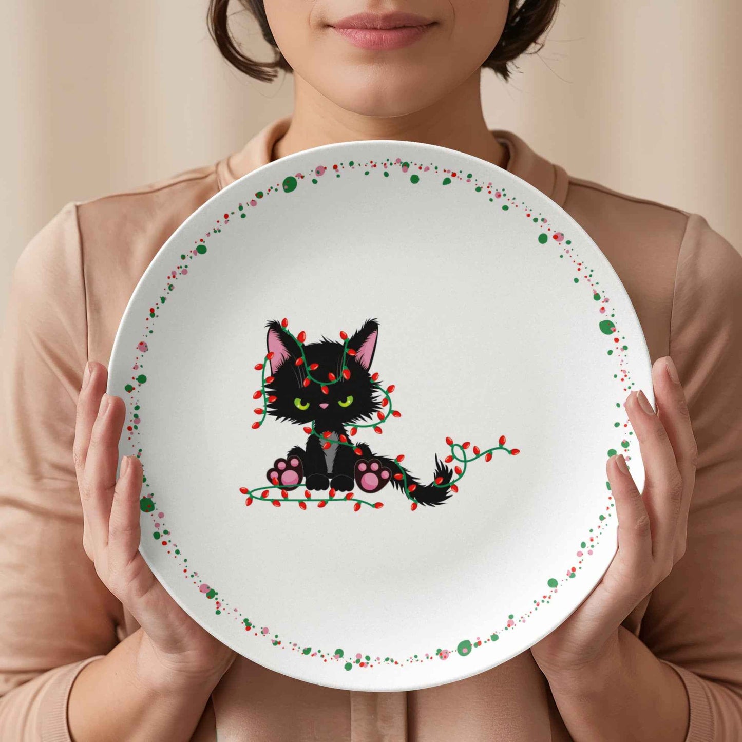 Christmas Cat Tangled in Lights Plate – 10" Holiday Dinnerware