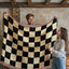Checked Feline Woven Blanket – Gold & Black Cat Outline Throw