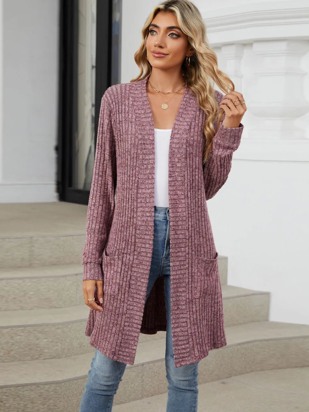 Autumn and winter long color long sleeved loose pocket cardigan jacket for women - Korvel