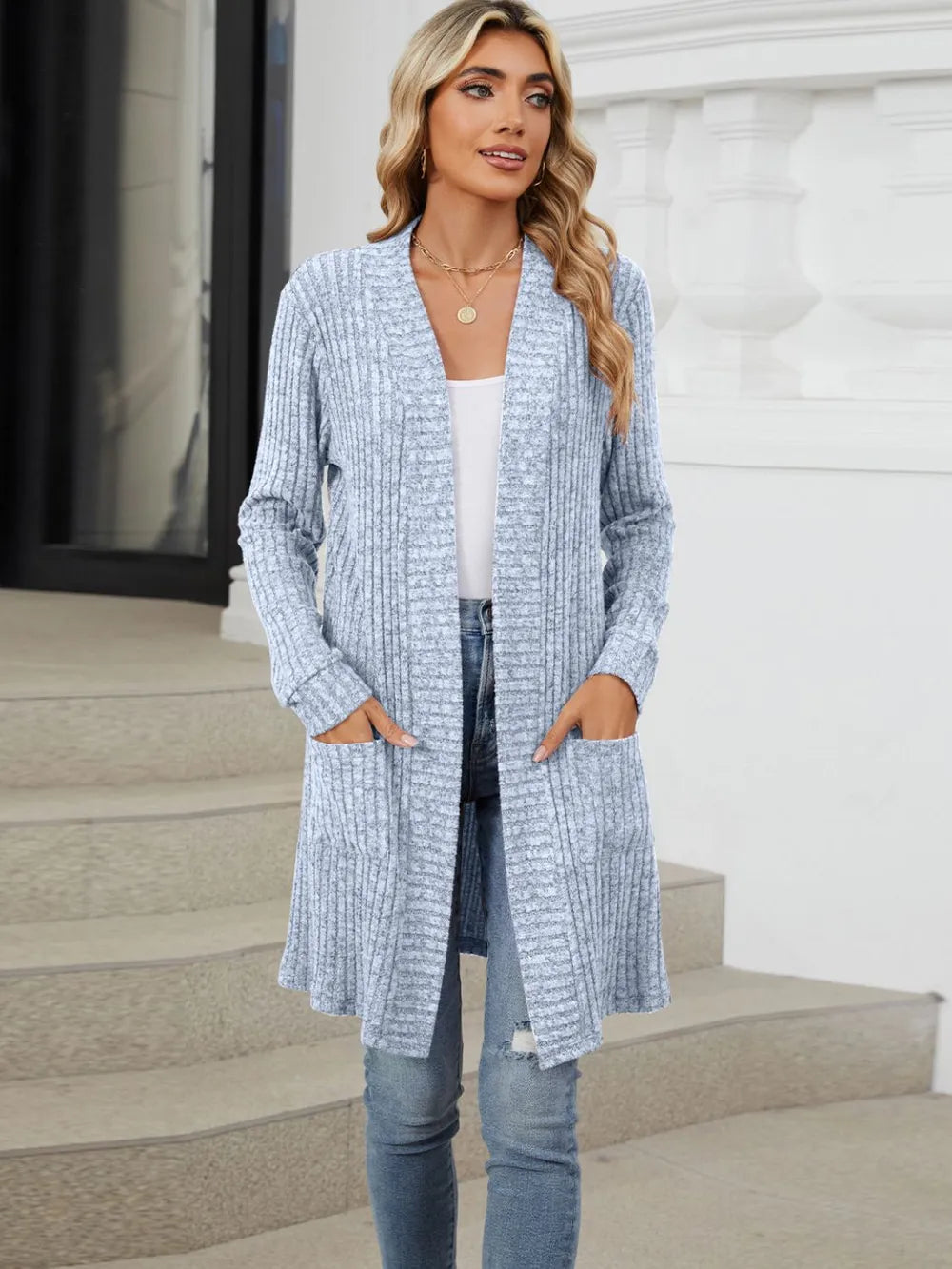 Autumn and winter long color long sleeved loose pocket cardigan jacket for women - Korvel