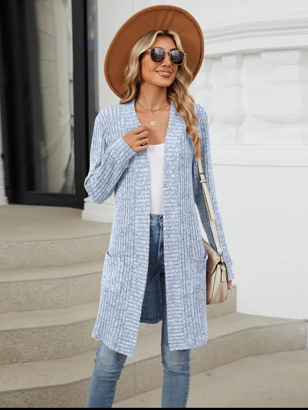 Autumn and winter long color long sleeved loose pocket cardigan jacket for women - Korvel