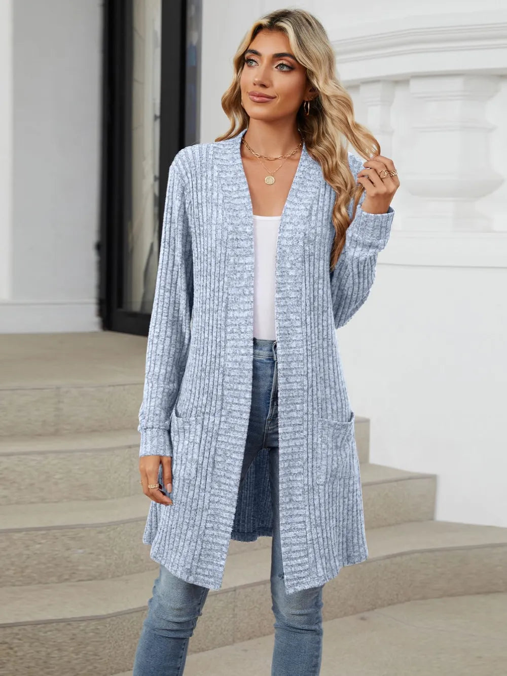 Autumn and winter long color long sleeved loose pocket cardigan jacket for women - Korvel