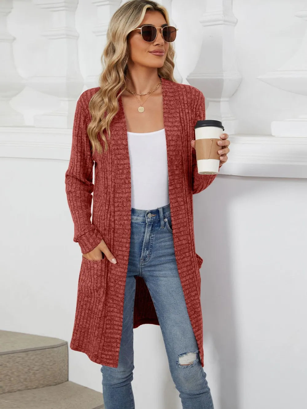 Autumn and winter long color long sleeved loose pocket cardigan jacket for women - Korvel
