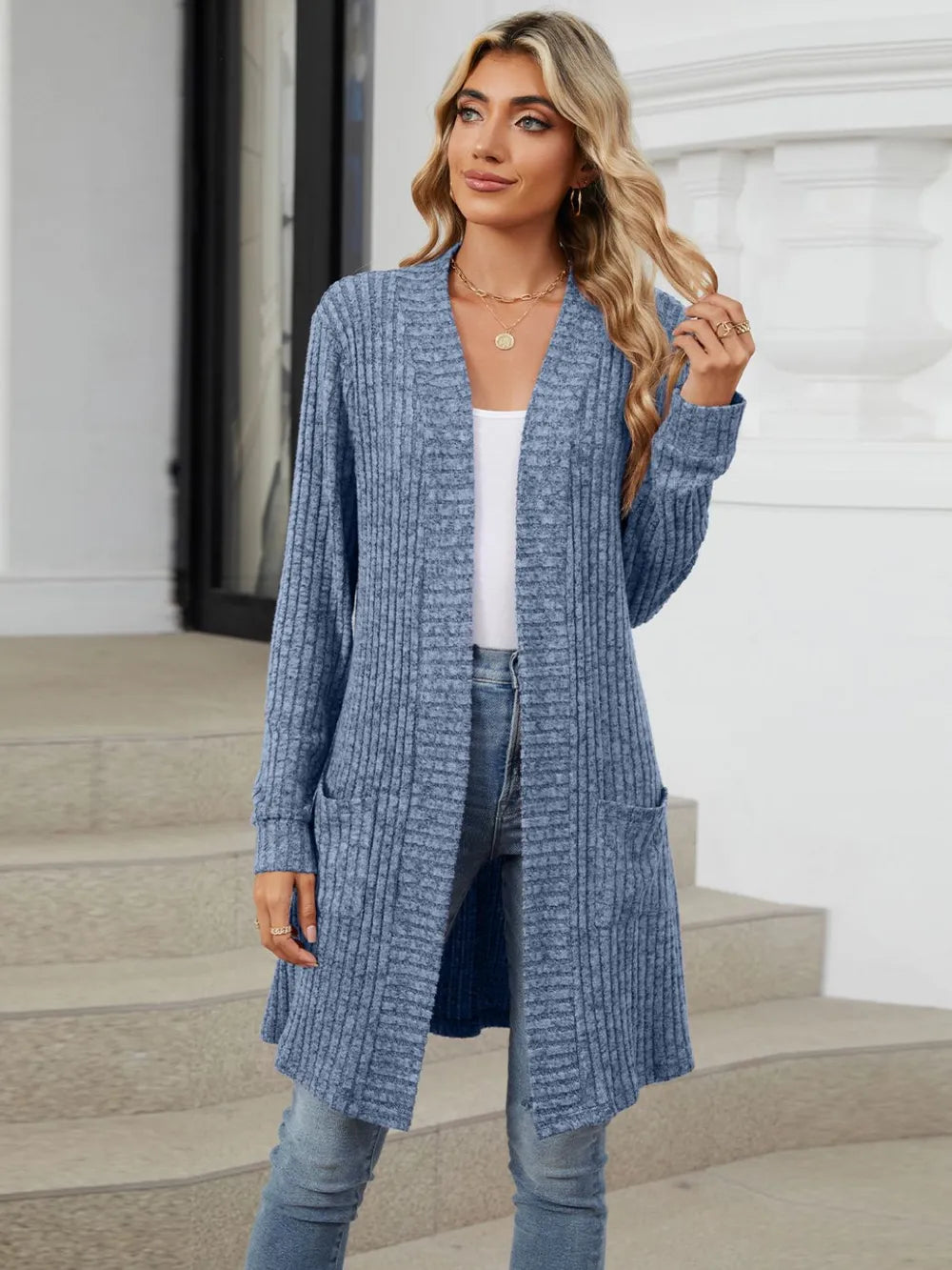 Autumn and winter long color long sleeved loose pocket cardigan jacket for women - Korvel