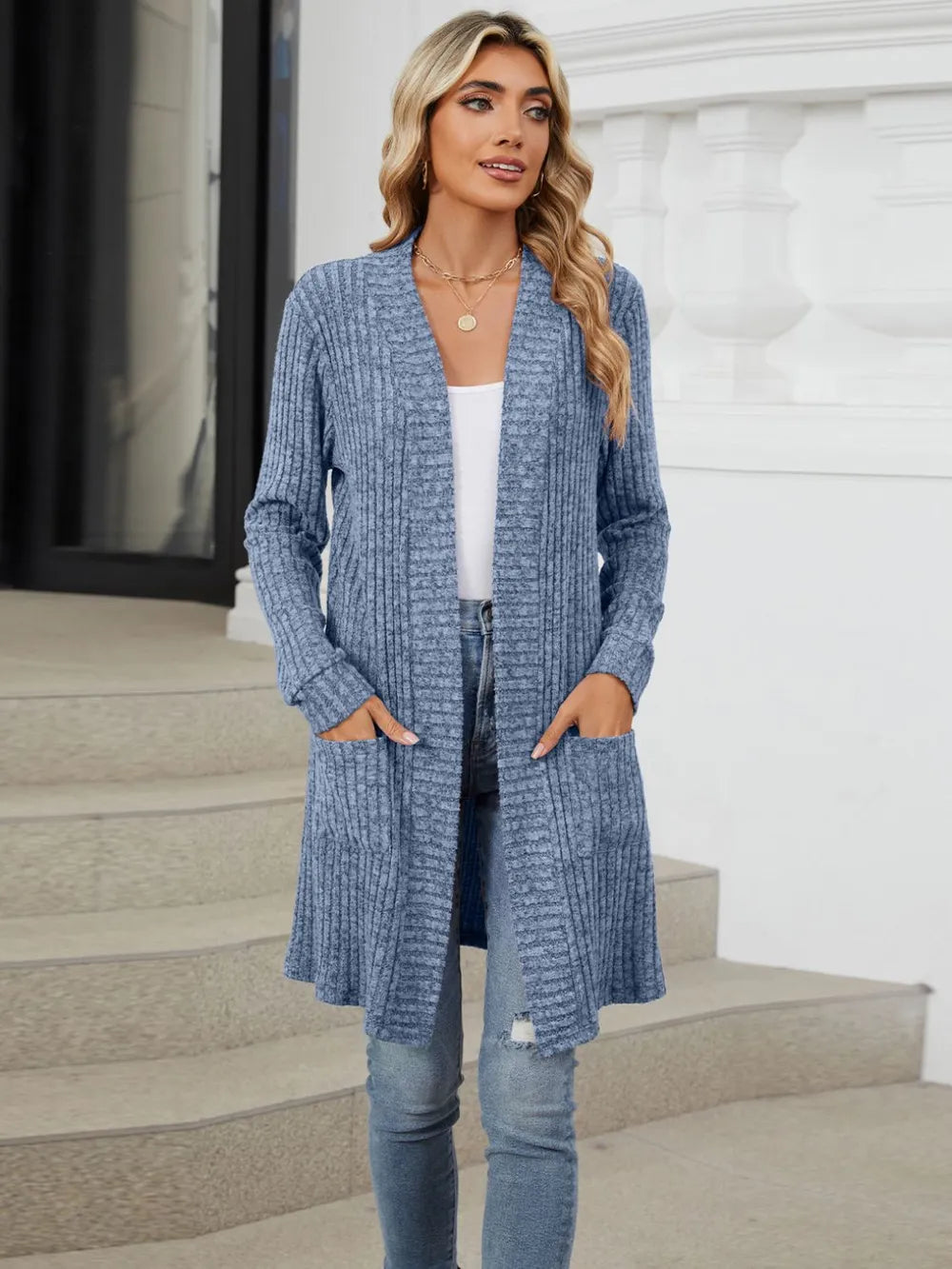 Autumn and winter long color long sleeved loose pocket cardigan jacket for women - Korvel
