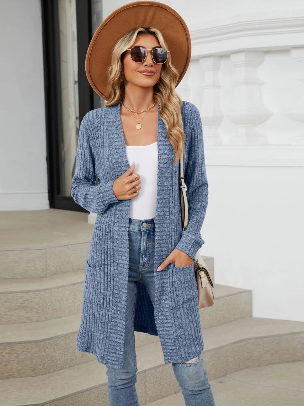 Autumn and winter long color long sleeved loose pocket cardigan jacket for women - Korvel