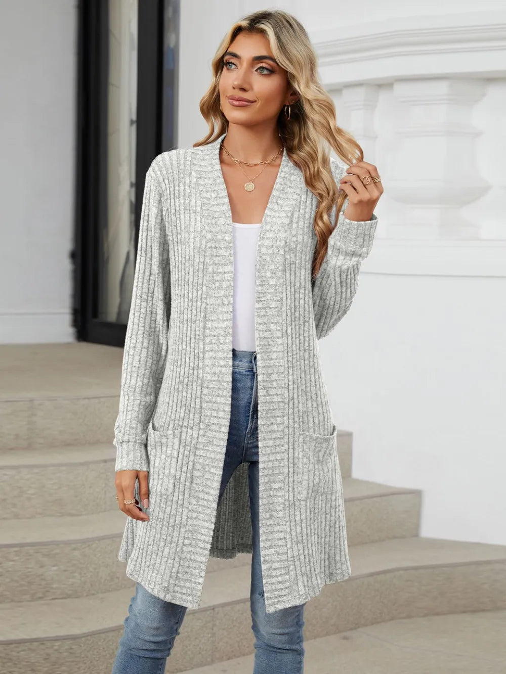 Autumn and winter long color long sleeved loose pocket cardigan jacket for women - Korvel
