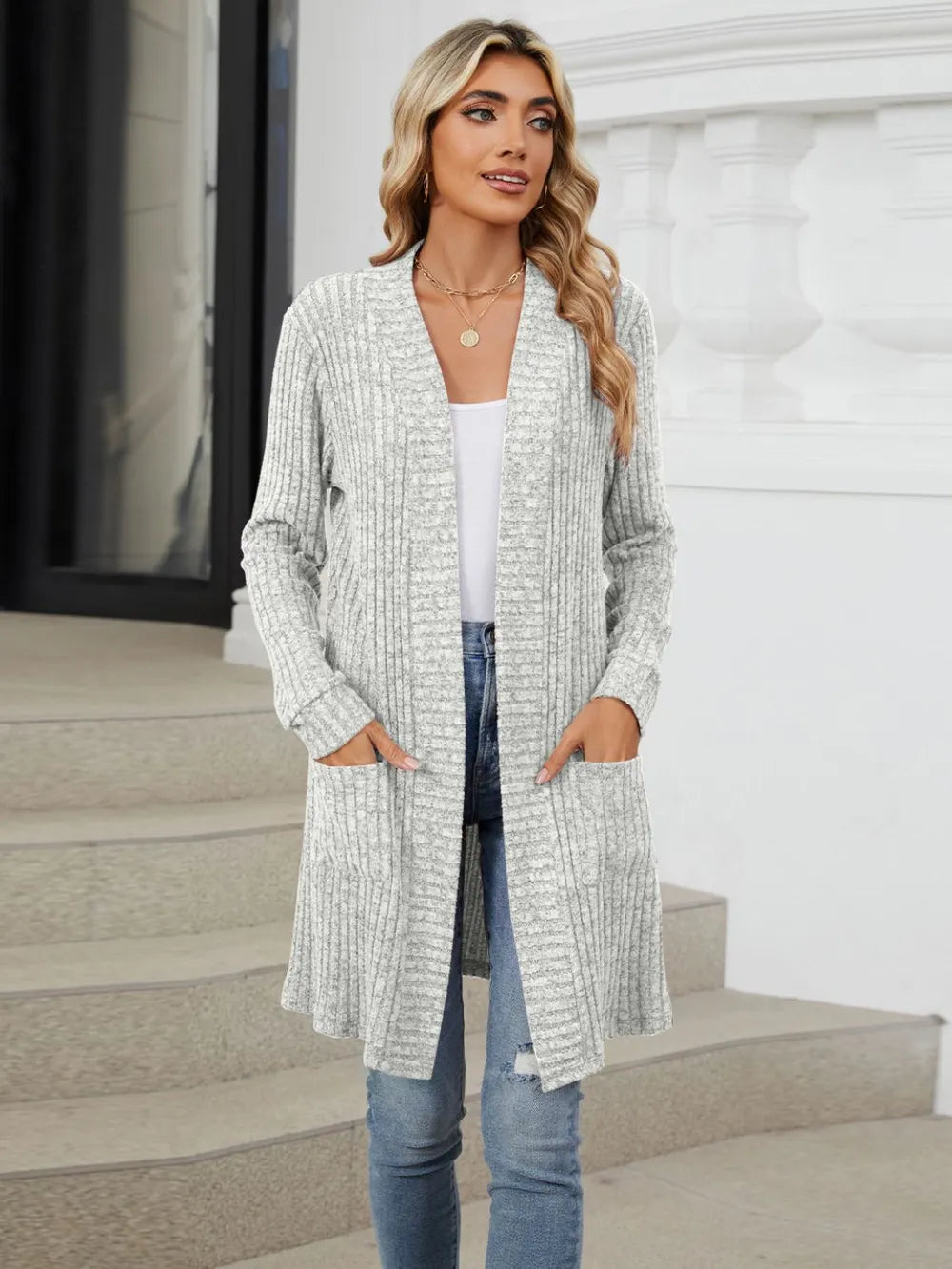 Autumn and winter long color long sleeved loose pocket cardigan jacket for women - Korvel