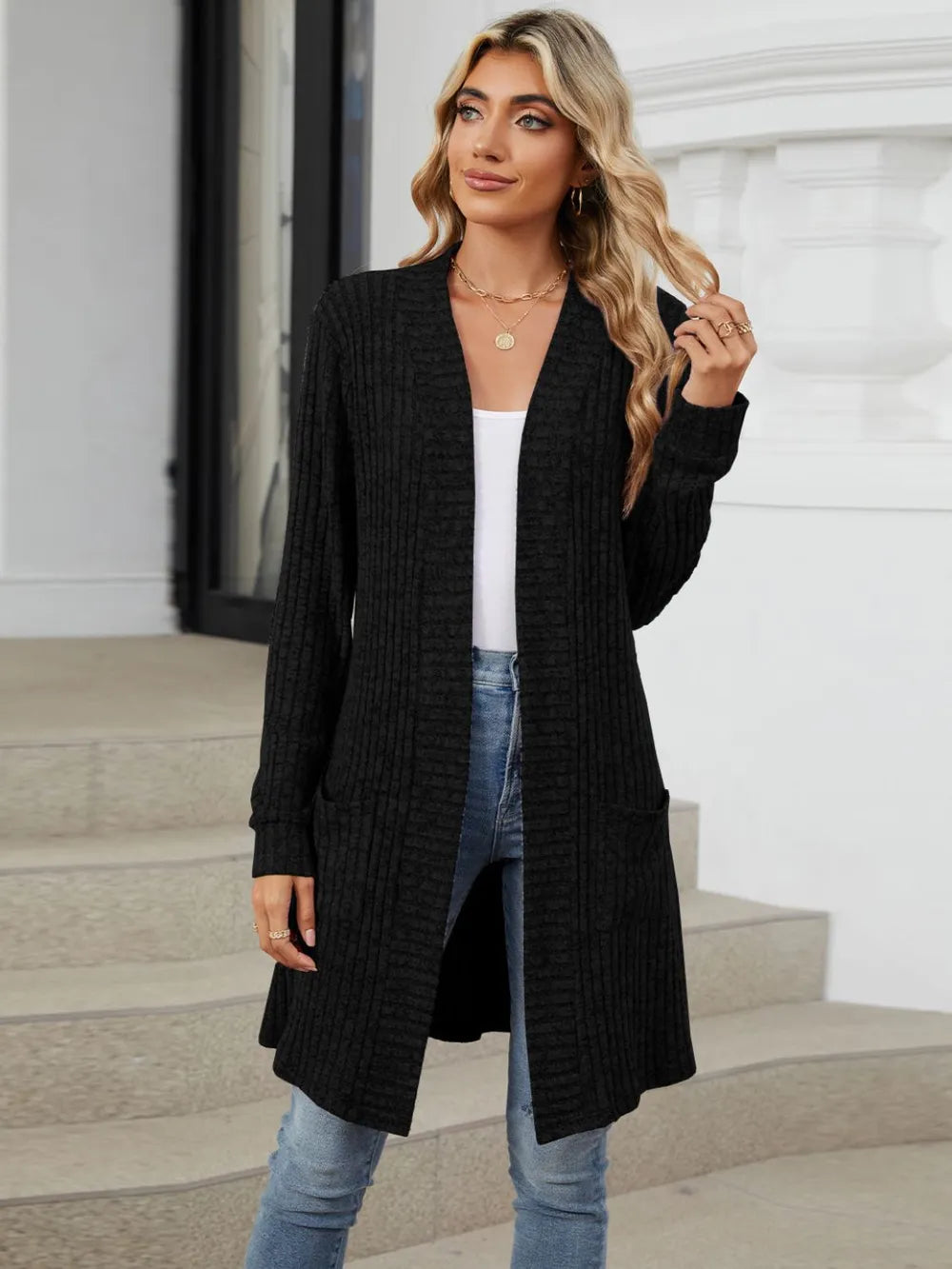 Autumn and winter long color long sleeved loose pocket cardigan jacket for women - Korvel