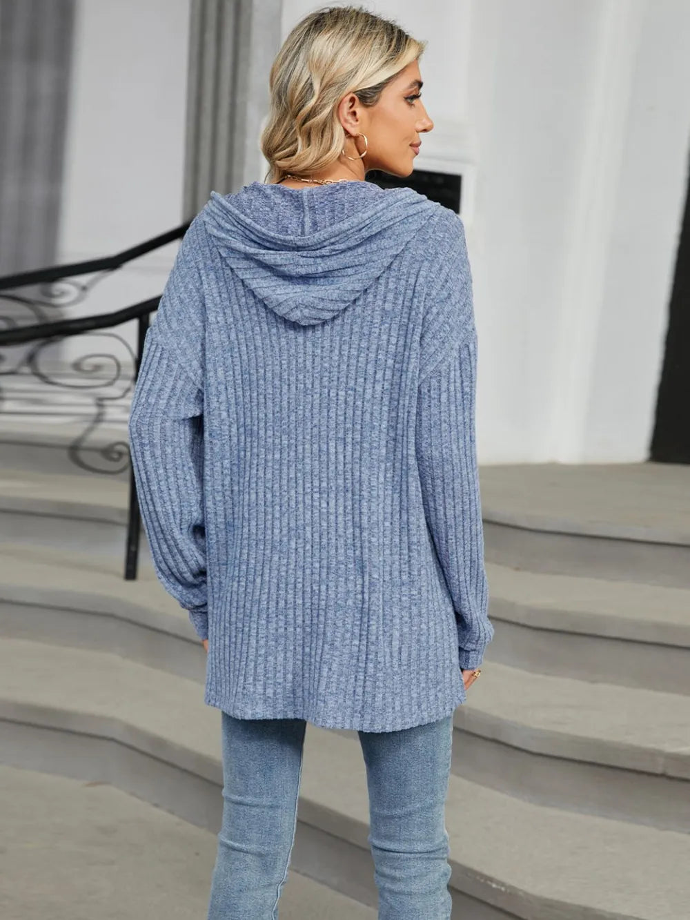 Autumn and winter new solid color hooded button loose long sleeved top - Korvel