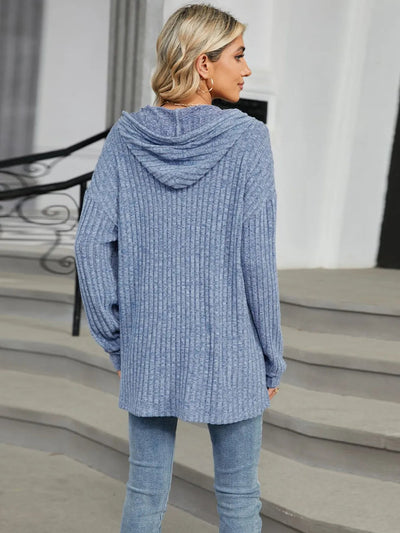 Autumn and winter new solid color hooded button loose long sleeved top - Korvel