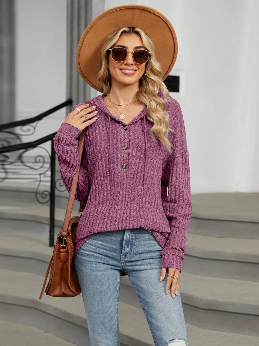 Autumn and winter new solid color hooded button loose long sleeved top - Korvel