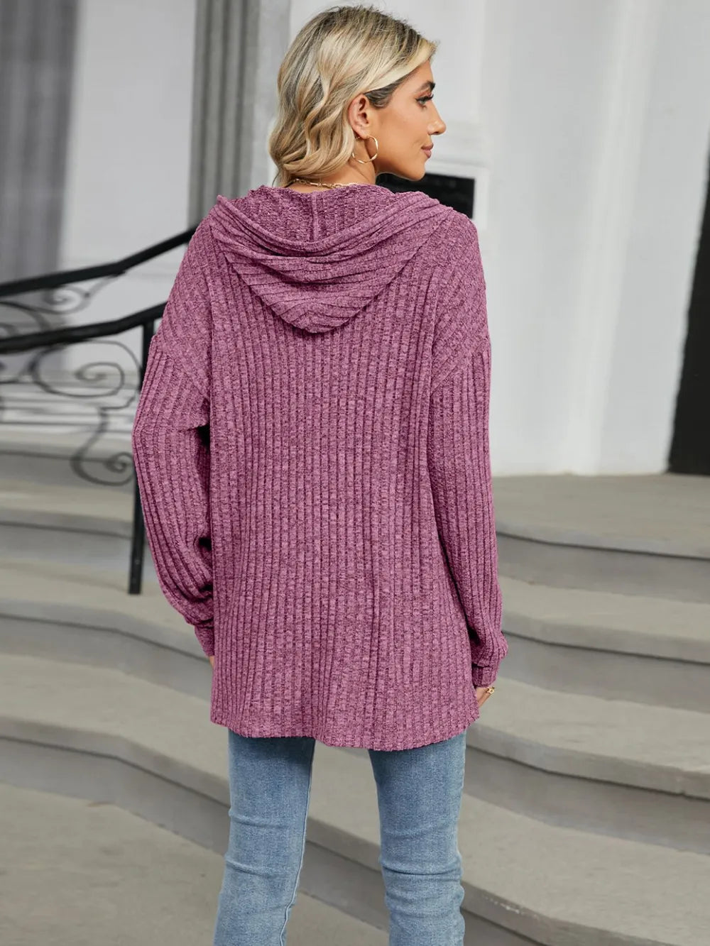 Autumn and winter new solid color hooded button loose long sleeved top - Korvel