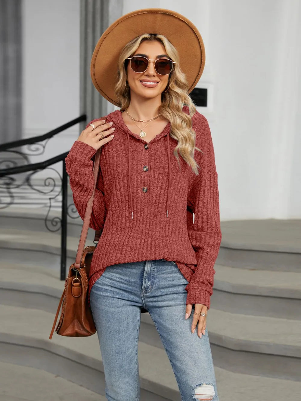 Autumn and winter new solid color hooded button loose long sleeved top - Korvel