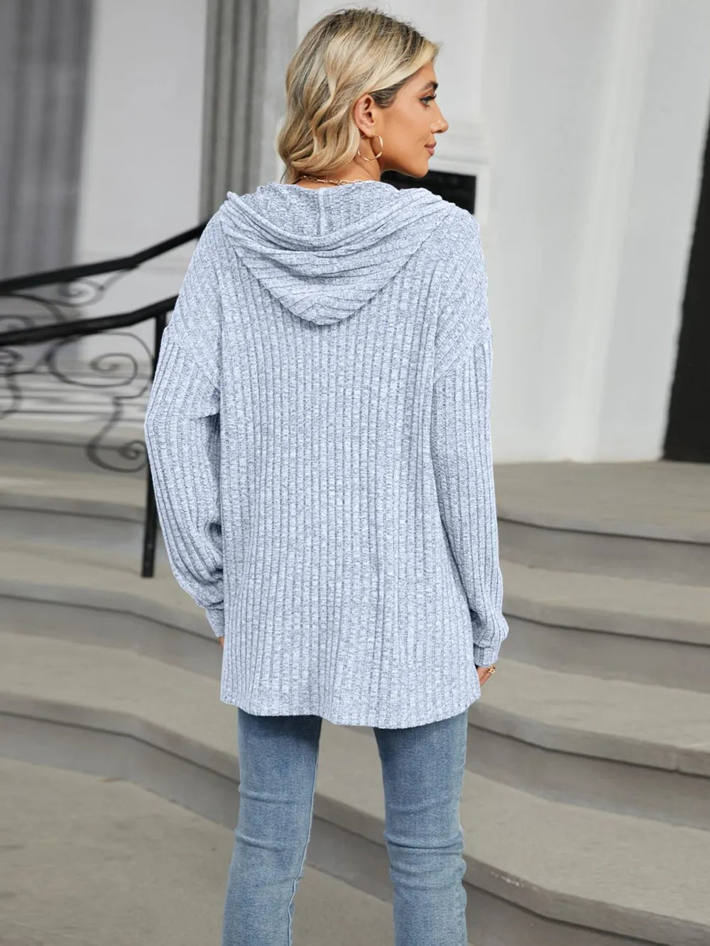 Autumn and winter new solid color hooded button loose long sleeved top - Korvel