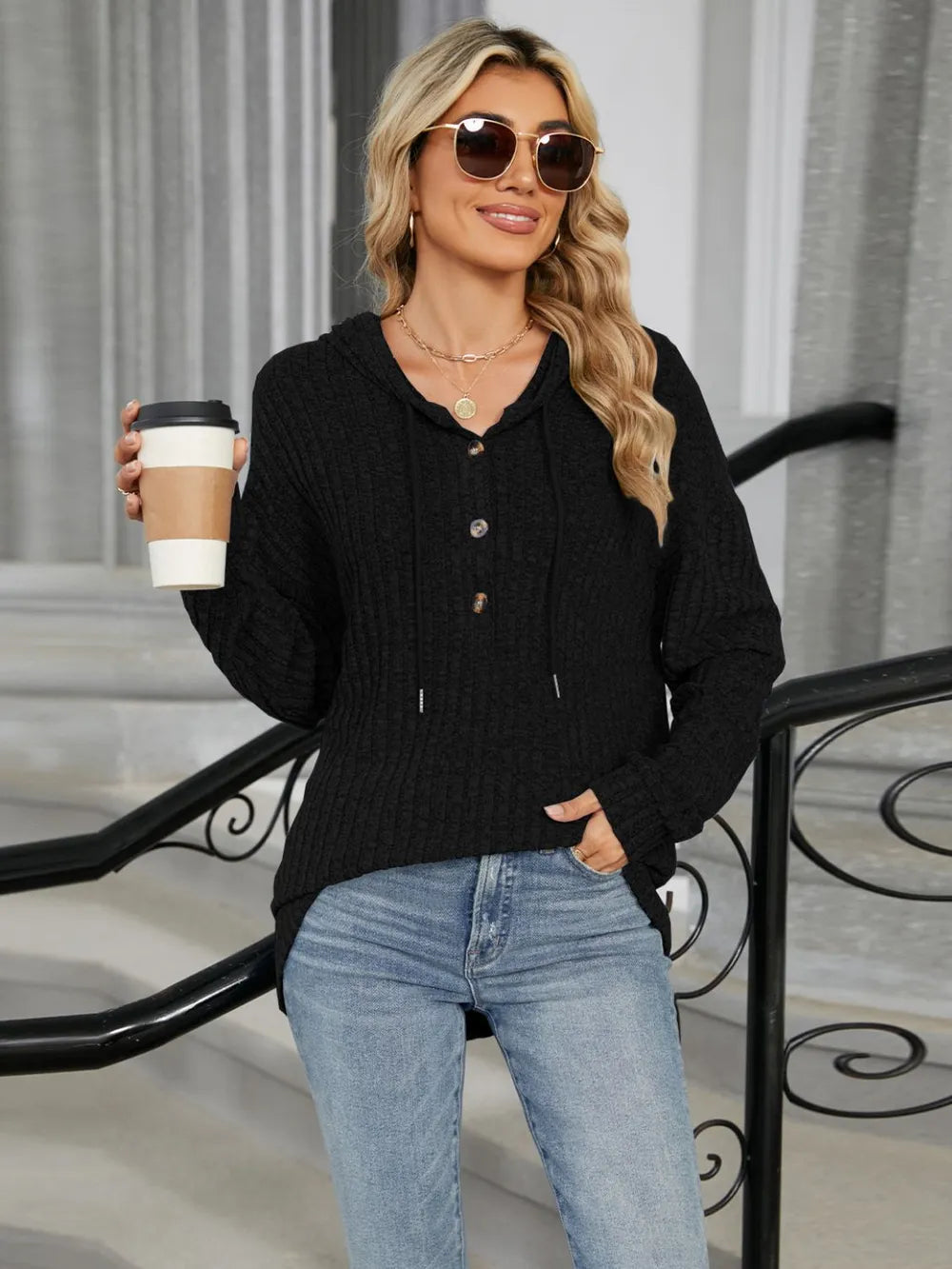 Autumn and winter new solid color hooded button loose long sleeved top - Korvel