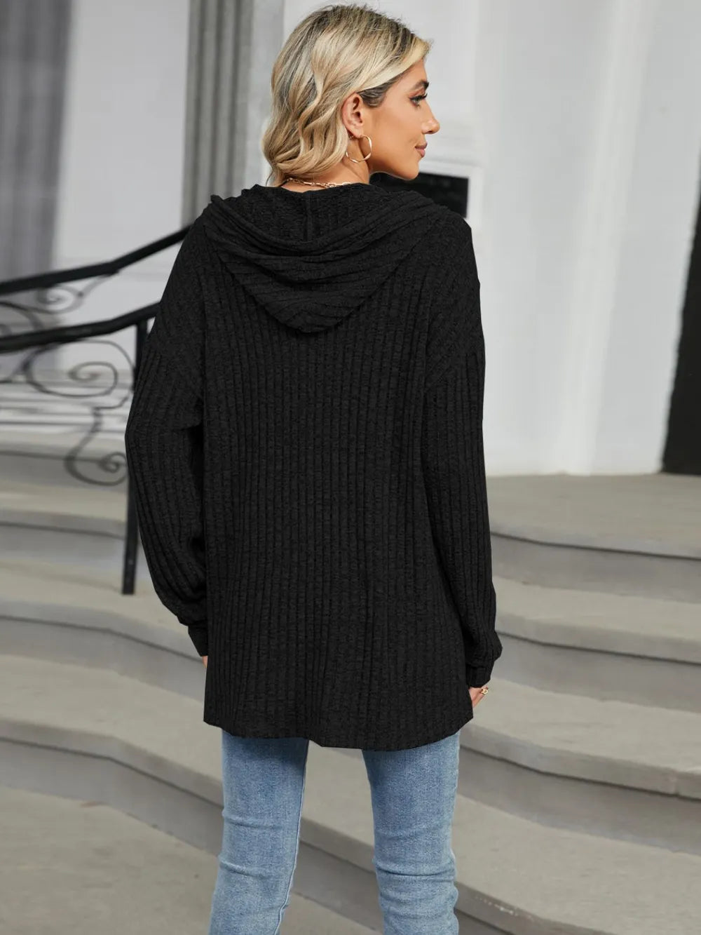 Autumn and winter new solid color hooded button loose long sleeved top - Korvel