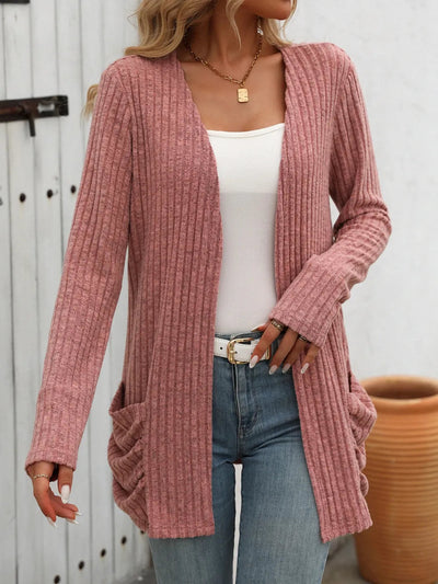 Autumn and winter new solid color pit stripe brushed pocket cardigan long sleeved jacket for women - Korvel