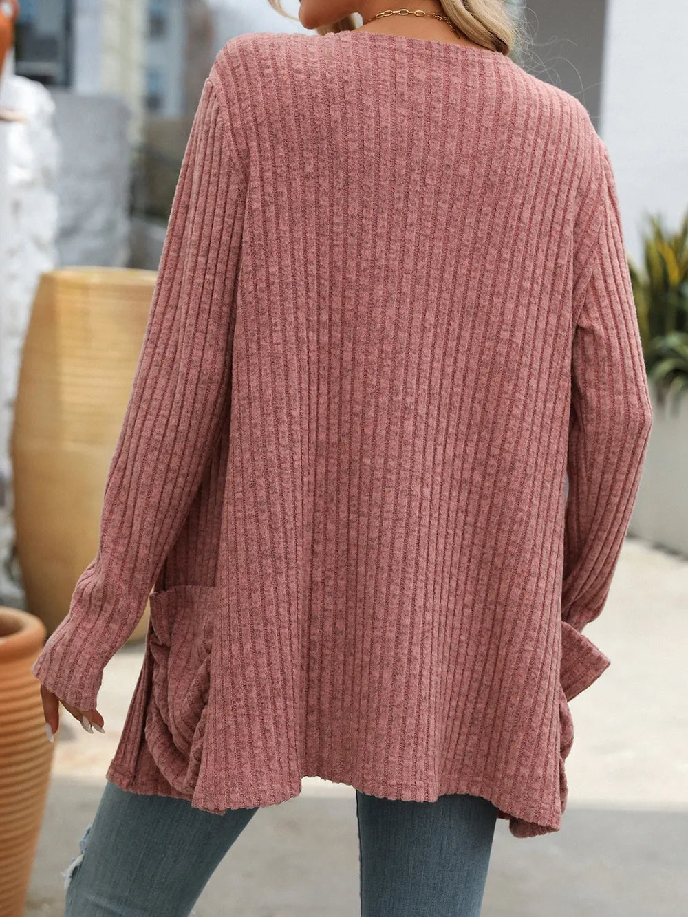 Autumn and winter new solid color pit stripe brushed pocket cardigan long sleeved jacket for women - Korvel