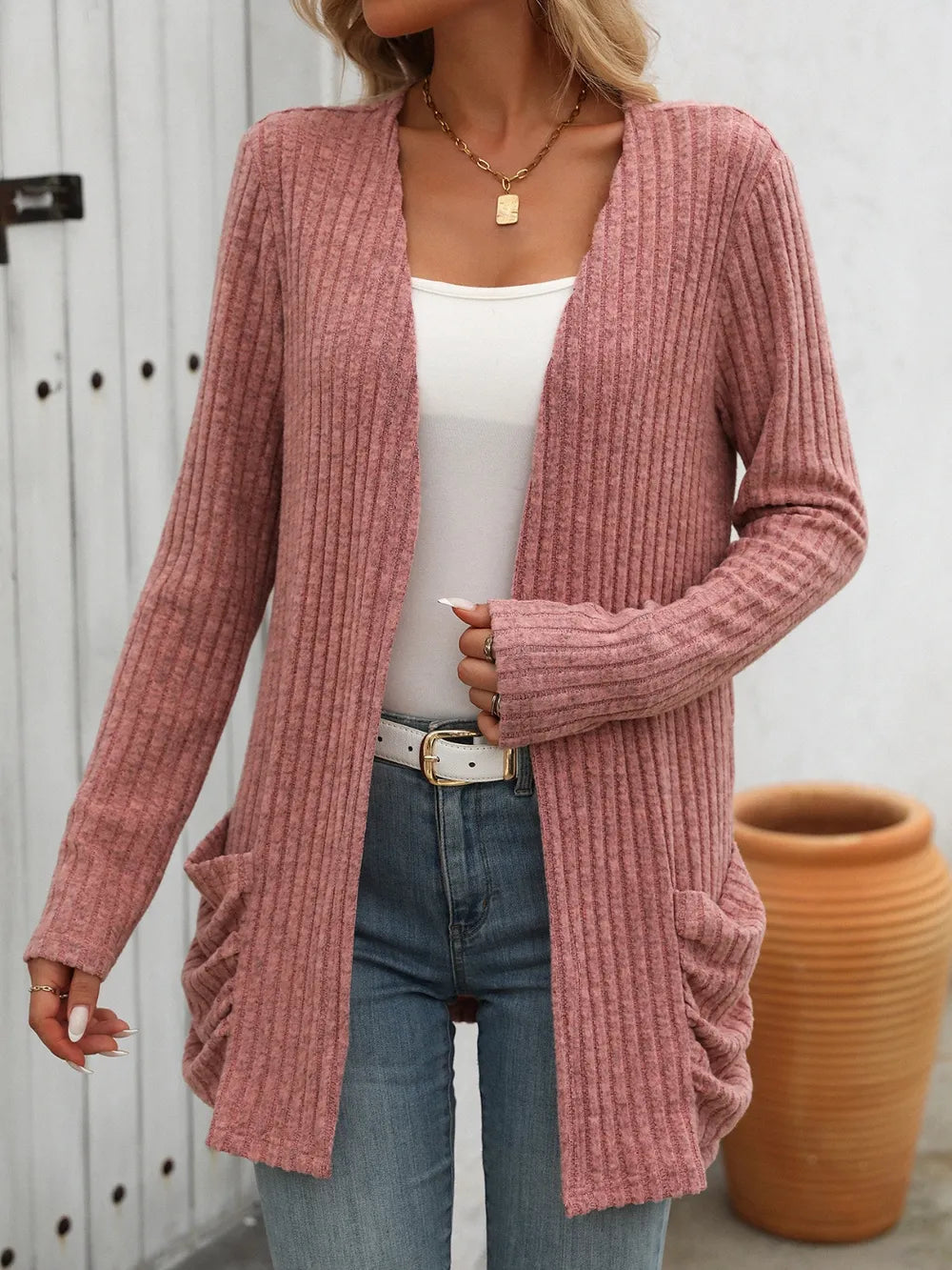 Autumn and winter new solid color pit stripe brushed pocket cardigan long sleeved jacket for women - Korvel