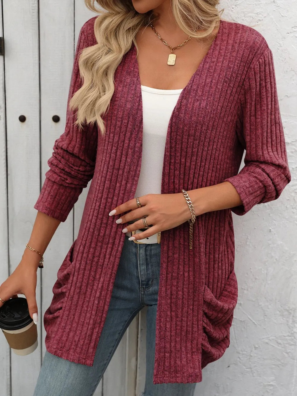 Autumn and winter new solid color pit stripe brushed pocket cardigan long sleeved jacket for women - Korvel