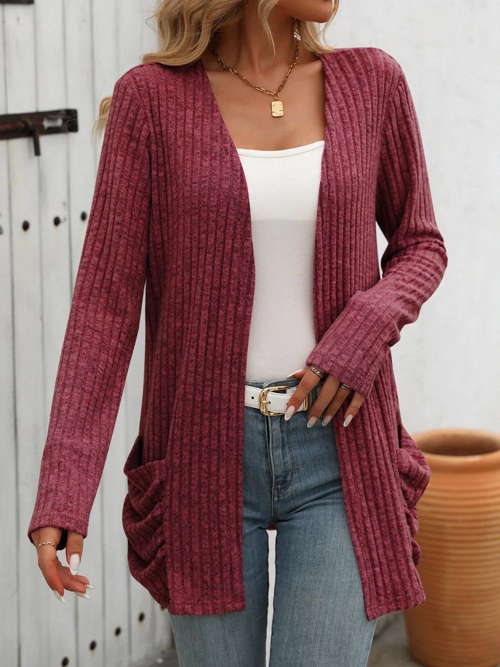 Autumn and winter new solid color pit stripe brushed pocket cardigan long sleeved jacket for women - Korvel