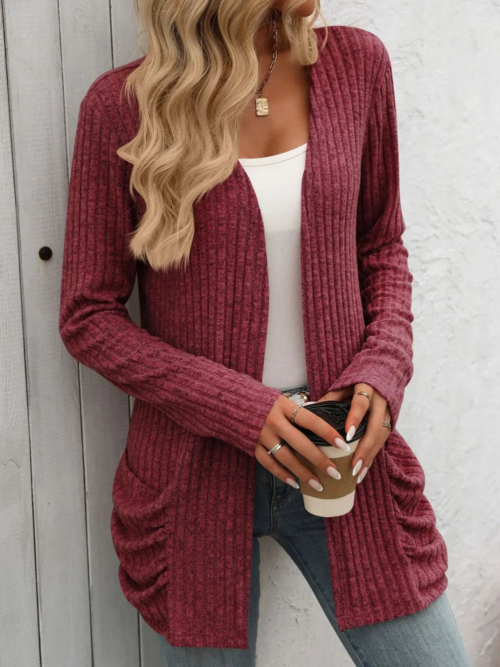 Autumn and winter new solid color pit stripe brushed pocket cardigan long sleeved jacket for women - Korvel