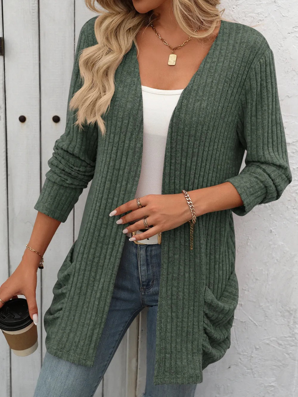 Autumn and winter new solid color pit stripe brushed pocket cardigan long sleeved jacket for women - Korvel